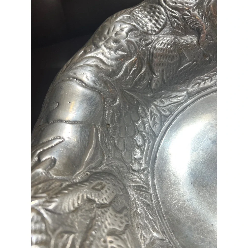 Vintage Embossed Metal Bowl Rabbit Squirrel Fruit Woodland Centerpiece Silver